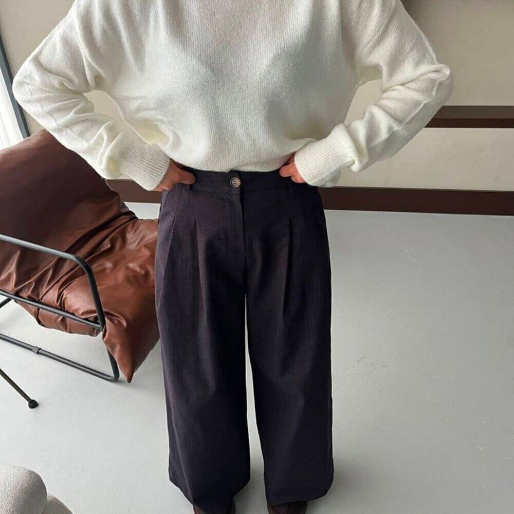 Women’s Wide Leg Pleated Pants Dark Gray Navy High Waist Trousers Large - Picture 3 of 10